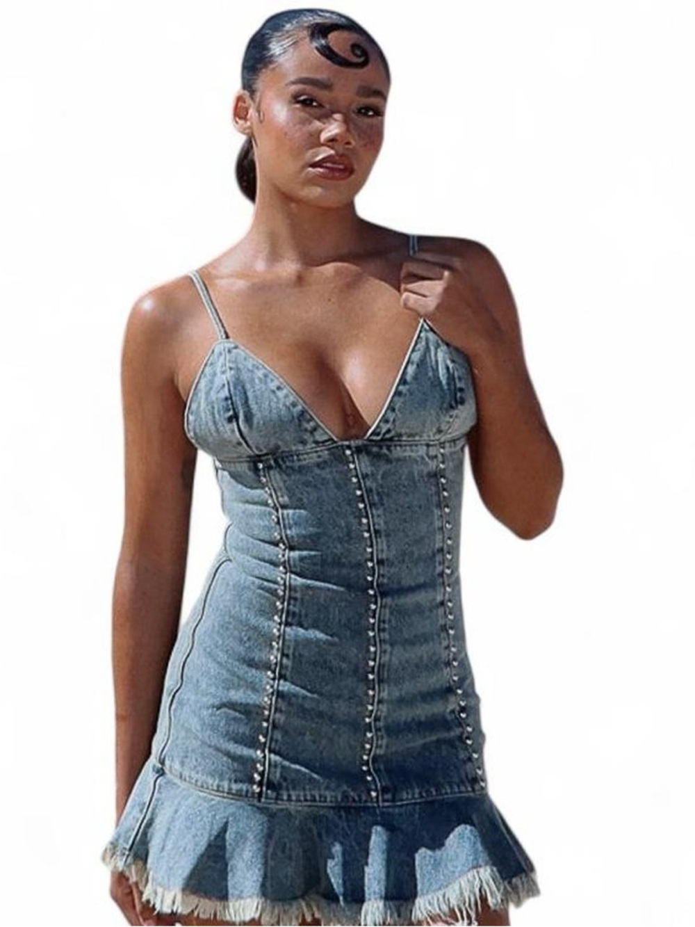 White Fox Denim Studded Mini Dress XS Blue Wash Frayed Hem Bodycon